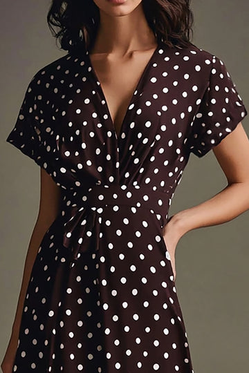 Coffee and White V-Neck Maxi Chiffon Polka Dot Dress with Short Sleeves